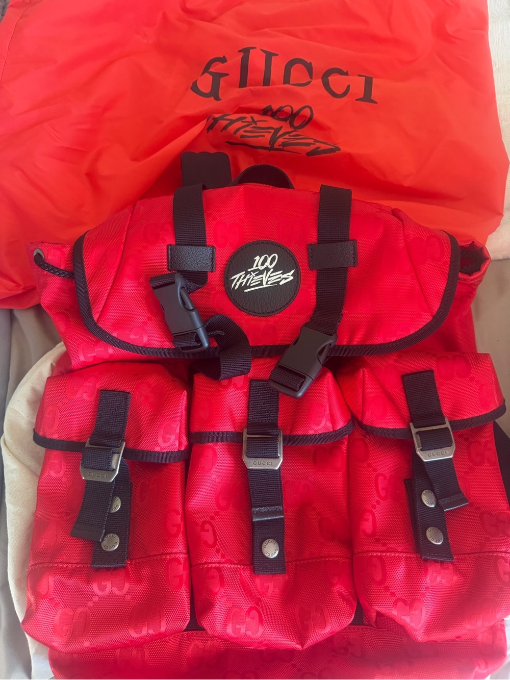 Gucci x 100 Thieves Off the Grid Red Monogram Nylon Backpack with Black Trim